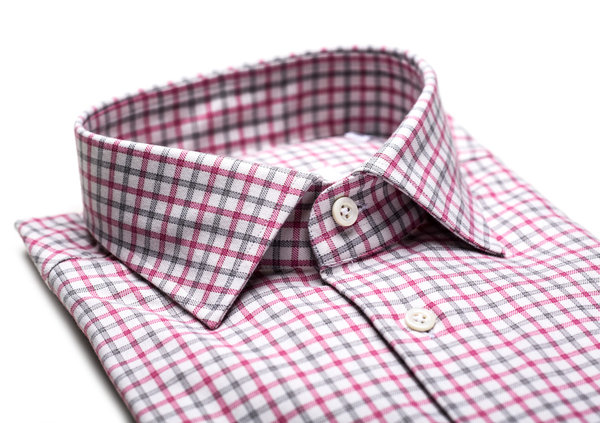 Alenford-Friday, Pink and Grey Check, Milano (Semi-spread) Collar, One Button Round Cuff